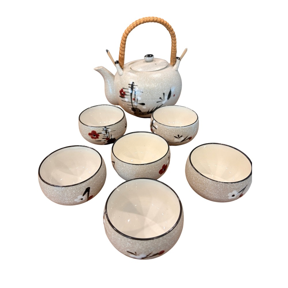Vtg Tea Set OS Cream Brown Red Cherry Blossom Ceramic Wicker Handle